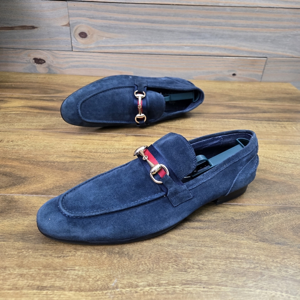 Atesber Men's Dress Shoes Navy Blue Loafer with Gold Buckle Slip On Formal Shoes